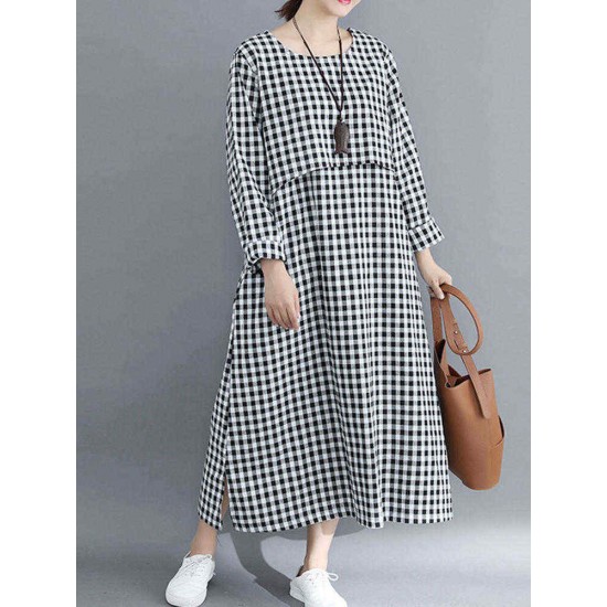 Women Casual Loose Plaid Round Neck Long Sleeve Dress