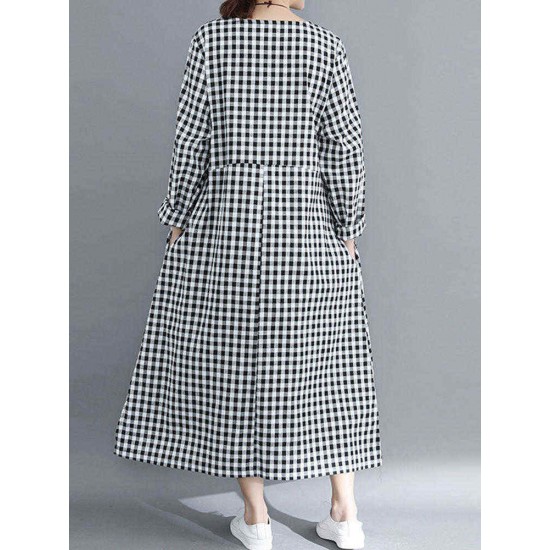 Women Casual Loose Plaid Round Neck Long Sleeve Dress