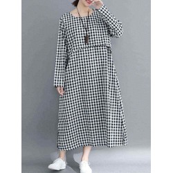 Women Casual Loose Plaid Round Neck Long Sleeve Dress