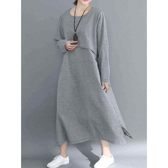 Women Casual Loose Plaid Round Neck Long Sleeve Dress