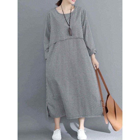 Women Casual Loose Plaid Round Neck Long Sleeve Dress