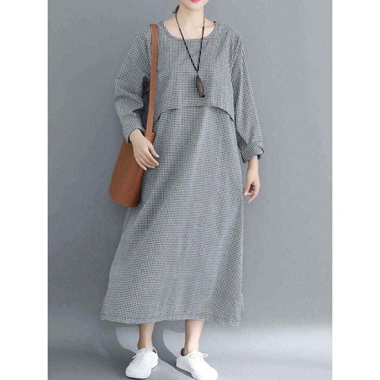 Women Casual Loose Plaid Round Neck Long Sleeve Dress