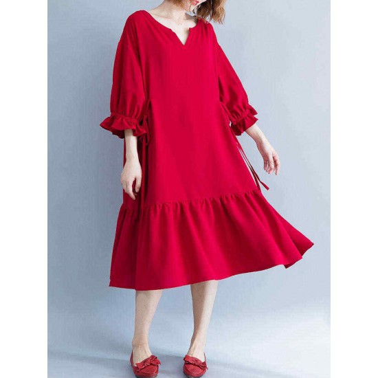 Women Casual Loose V-neck Bishop Sleeve Pleated Red Dress