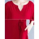 Women Casual Loose V-neck Bishop Sleeve Pleated Red Dress