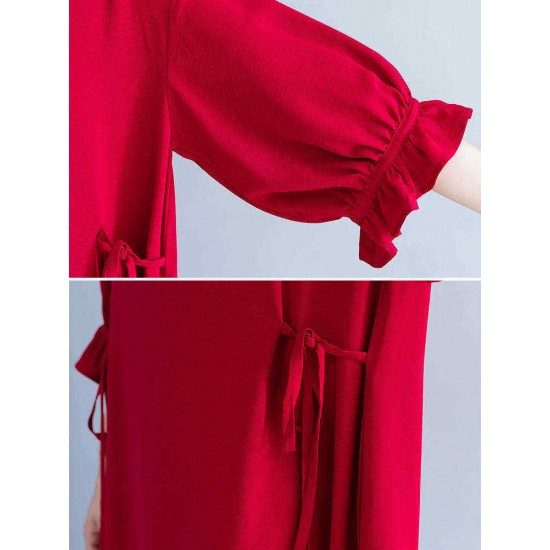 Women Casual Loose V-neck Bishop Sleeve Pleated Red Dress