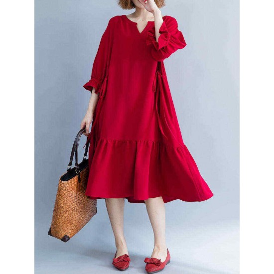 Women Casual Loose V-neck Bishop Sleeve Pleated Red Dress