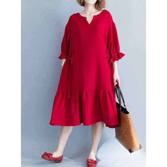 Women Casual Loose V-neck Bishop Sleeve Pleated Red Dress