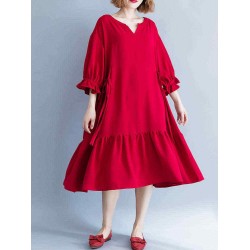 Women Casual Loose V-neck Bishop Sleeve Pleated Red Dress