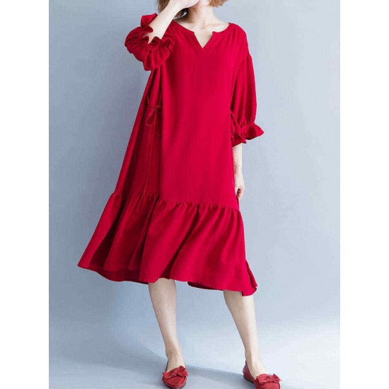 Women Casual Loose V-neck Bishop Sleeve Pleated Red Dress