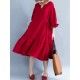 Women Casual Loose V-neck Bishop Sleeve Pleated Red Dress