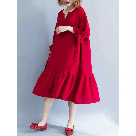 Women Casual Loose V-neck Bishop Sleeve Pleated Red Dress