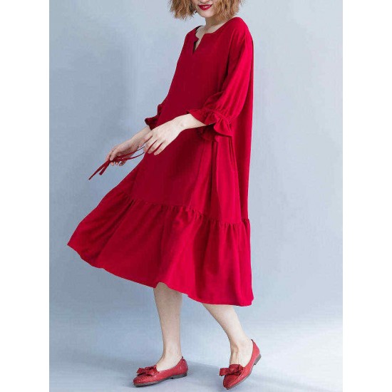 Women Casual Loose V-neck Bishop Sleeve Pleated Red Dress