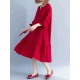 Women Casual Loose V-neck Bishop Sleeve Pleated Red Dress