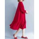 Women Casual Loose V-neck Bishop Sleeve Pleated Red Dress