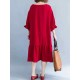 Women Casual Loose V-neck Bishop Sleeve Pleated Red Dress