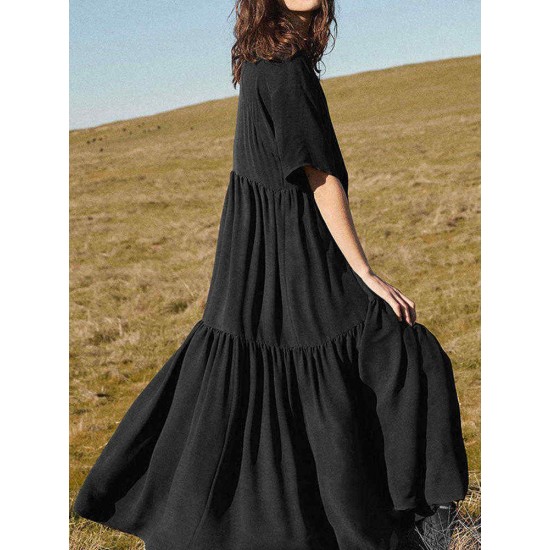 Women Casual O-neck Half Sleeve Solid Color Pleated Dress