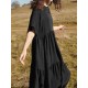 Women Casual O-neck Half Sleeve Solid Color Pleated Dress