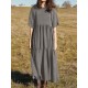 Women Casual O-neck Half Sleeve Solid Color Pleated Dress