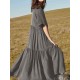 Women Casual O-neck Half Sleeve Solid Color Pleated Dress