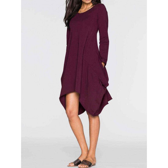 Women Casual O-neck Long Sleeves Solid Color Asymmetrical Short Dress