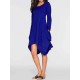 Women Casual O-neck Long Sleeves Solid Color Asymmetrical Short Dress