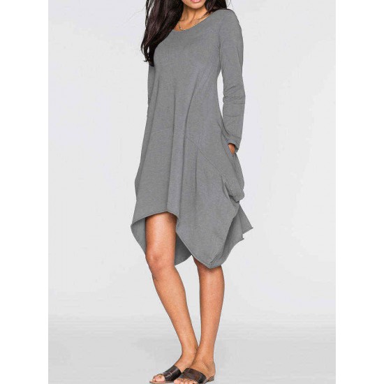 Women Casual O-neck Long Sleeves Solid Color Asymmetrical Short Dress