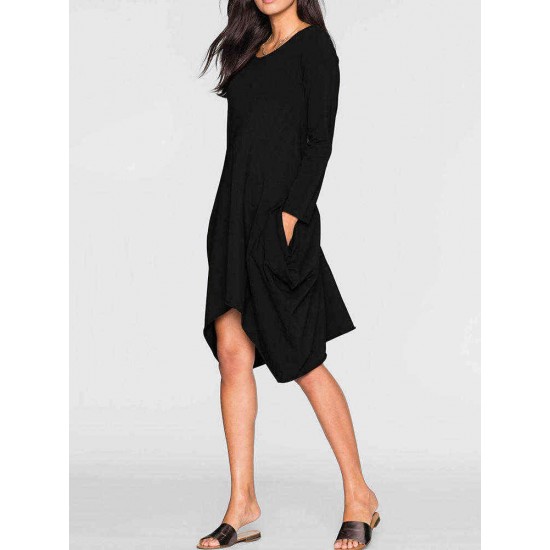 Women Casual O-neck Long Sleeves Solid Color Asymmetrical Short Dress