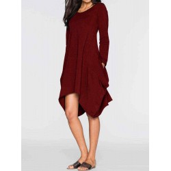 Women Casual O-neck Long Sleeves Solid Color Asymmetrical Short Dress