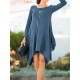 Women Casual O-neck Long Sleeves Solid Color Asymmetrical Short Dress