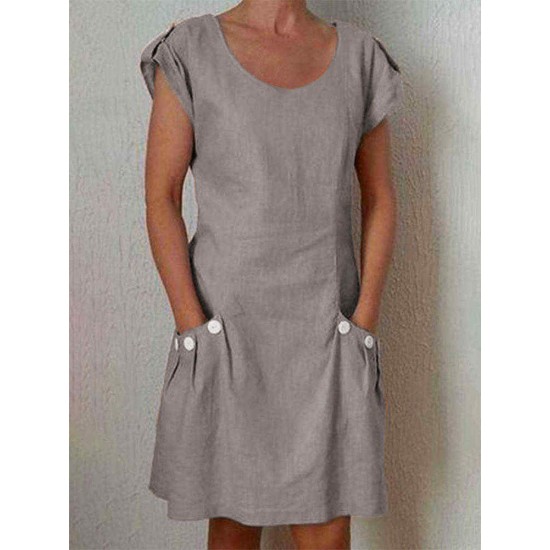 Women Casual O-neck Short Sleeve Loose Dress with Pockets