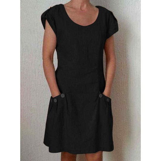 Women Casual O-neck Short Sleeve Loose Dress with Pockets