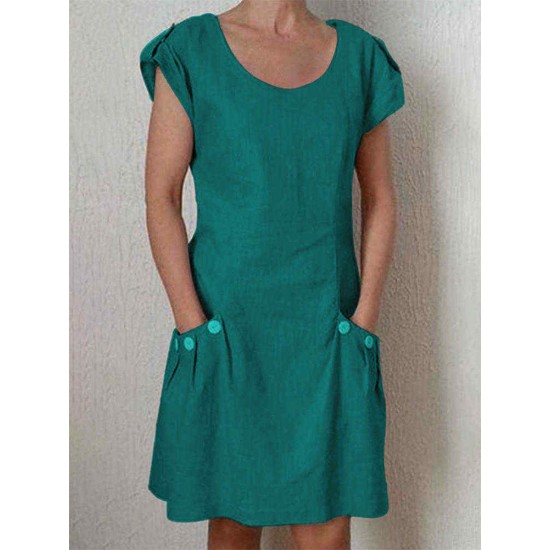 Women Casual O-neck Short Sleeve Loose Dress with Pockets