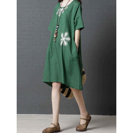 Women Casual O-neck Short Sleeves Cotton Dress