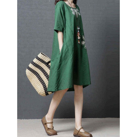 Women Casual O-neck Short Sleeves Cotton Dress