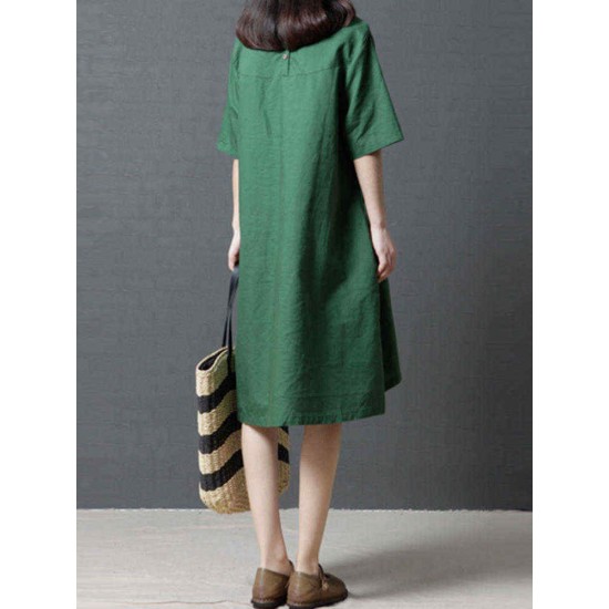 Women Casual O-neck Short Sleeves Cotton Dress