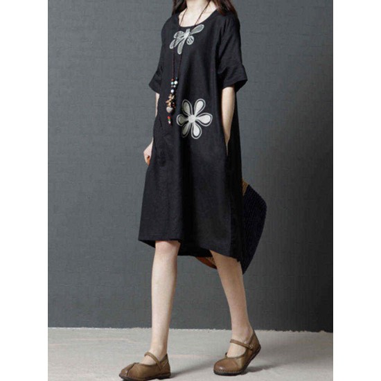 Women Casual O-neck Short Sleeves Cotton Dress