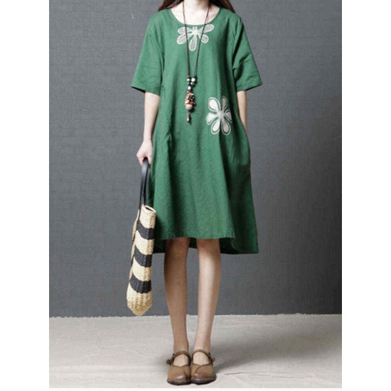 Women Casual O-neck Short Sleeves Cotton Dress