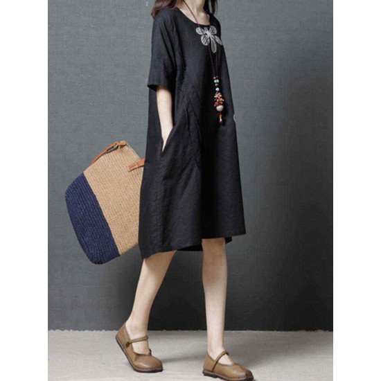 Women Casual O-neck Short Sleeves Cotton Dress