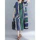 Women Casual O-neck Short Sleeves Striped Loose Dress with Pockets