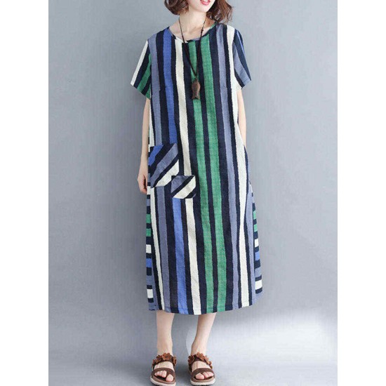 Women Casual O-neck Short Sleeves Striped Loose Dress with Pockets