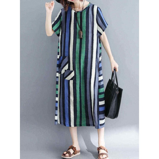 Women Casual O-neck Short Sleeves Striped Loose Dress with Pockets