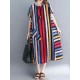 Women Casual O-neck Short Sleeves Striped Loose Dress with Pockets