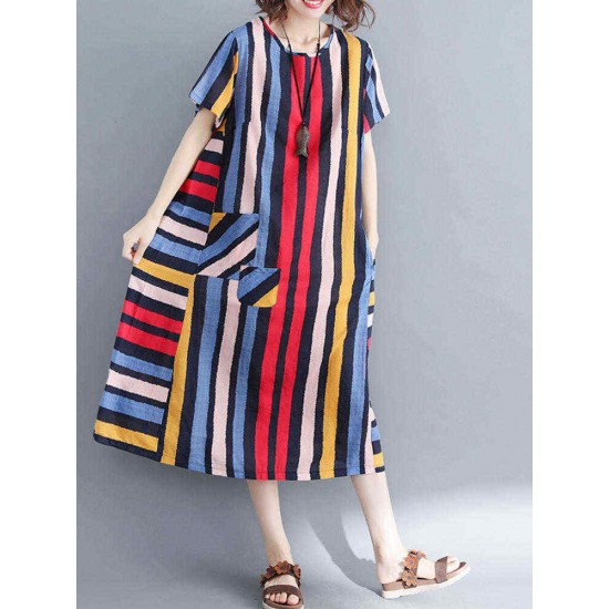 Women Casual O-neck Short Sleeves Striped Loose Dress with Pockets