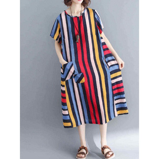 Women Casual O-neck Short Sleeves Striped Loose Dress with Pockets