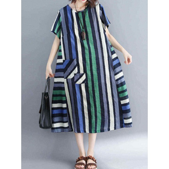 Women Casual O-neck Short Sleeves Striped Loose Dress with Pockets