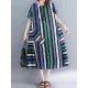 Women Casual O-neck Short Sleeves Striped Loose Dress with Pockets