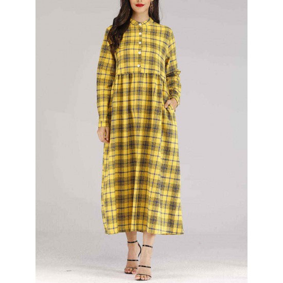 Women Casual Plaid Crew Neck Long Sleeve Dress