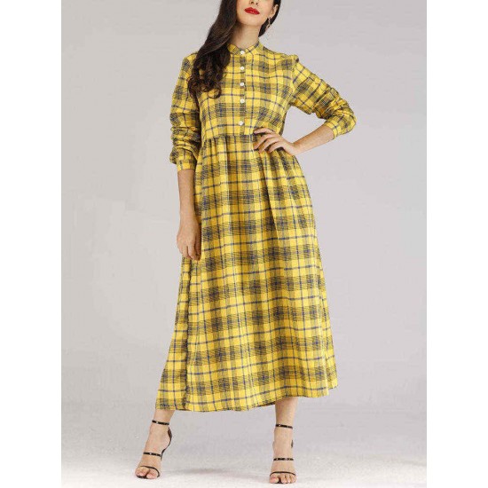 Women Casual Plaid Crew Neck Long Sleeve Dress