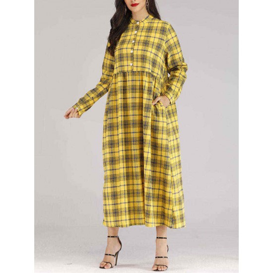 Women Casual Plaid Crew Neck Long Sleeve Dress