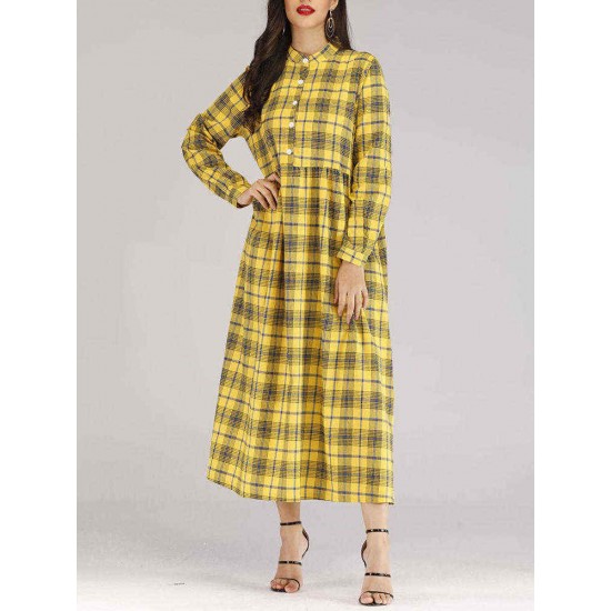 Women Casual Plaid Crew Neck Long Sleeve Dress